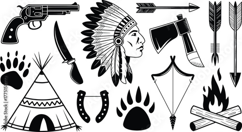 Black and White Wild West Featuring Native American Headdress, Campfire, Teepee, and Western Weapons