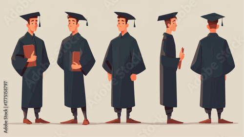 Illustrative depiction of a young male graduate in various poses wearing a cap and gown uniform