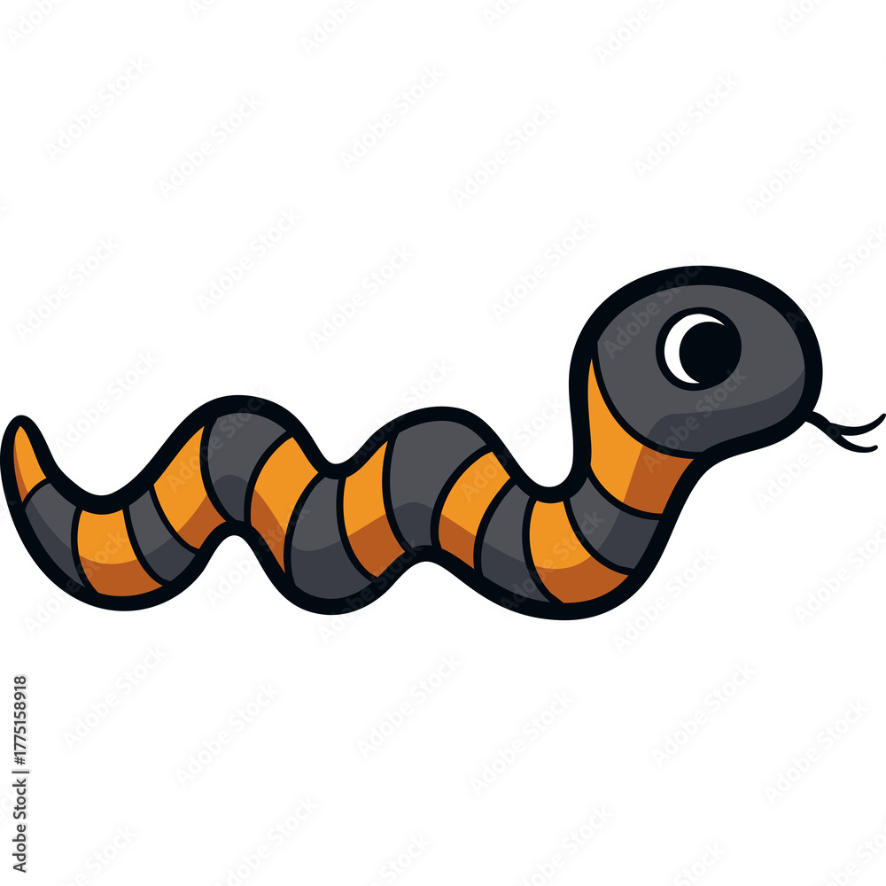 Naklejka premium Cute Hand Drawn Cartoon Snake Illustration With Orange And Black Stripes And Googly Eyes On Transparent Background