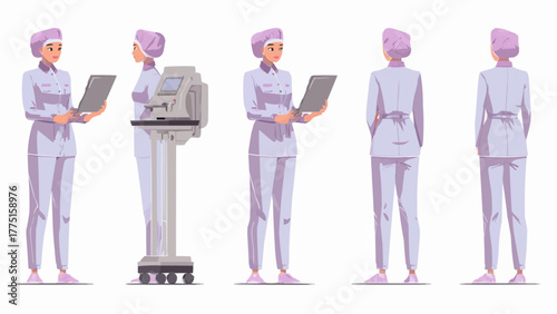 Illustration of a female healthcare worker in uniform with medical equipment and clipboard views