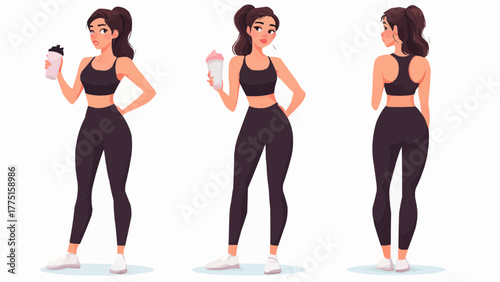 Athletic woman in workout clothes holding a protein shake in three different poses on a white background