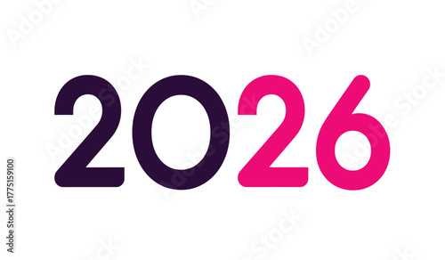 Bold purple and pink numbers forming the year 2026 against a clean white background, signifying future, planning, and new beginnings for graphic design and concept.