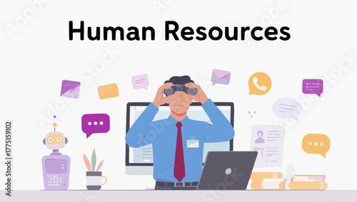 A man looking through binoculars in front of a computer with a robot and communication icons around him