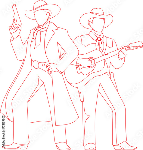 Outlined Cowboys One Holding Gun, One Playing Guitar, in Red on White
