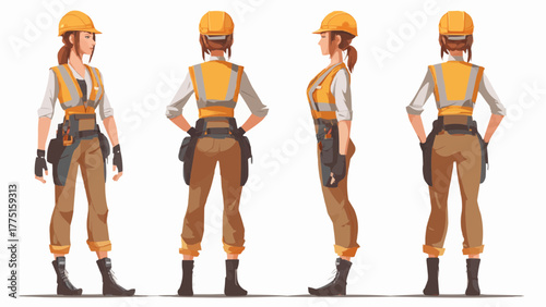Illustration showing a female construction worker in various poses wearing safety gear and tool belt