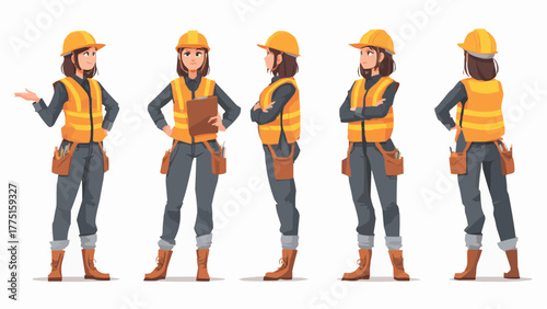 Illustrations of a female construction worker in various poses wearing a hard hat and safety vest standing