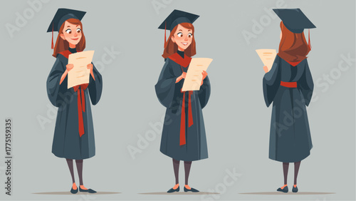 Illustration showing a female graduate in graduation gown holding a diploma in three different views