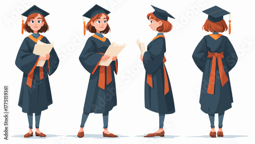 Illustrations of a young woman in graduation attire holding a diploma in various perspectives and poses