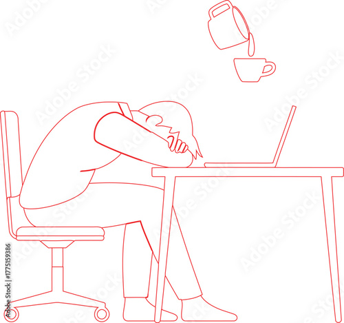 Red Line Art Overworked Person Leans on Desk, Coffee Pouring Into Mug Next to Laptop