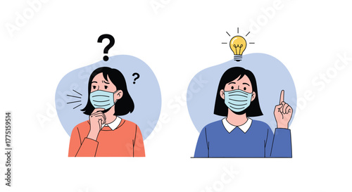 Woman wearing a mask looking confused with question marks above her head, then having an idea with a lightbulb.