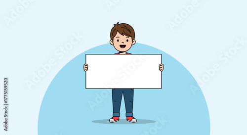 Cartoon boy smiling and holding a blank white sign in front of a light blue background.
