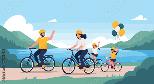 A happy family enjoys a scenic bike ride by a lake surrounded by mountains.