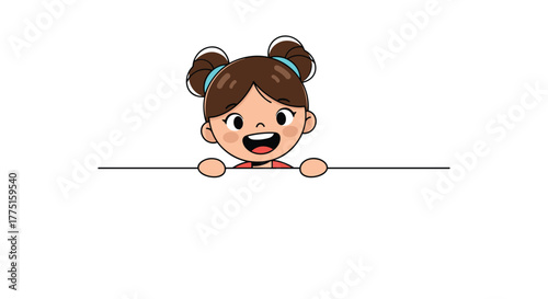 Cartoon girl with brown hair in buns peeking over a white background.