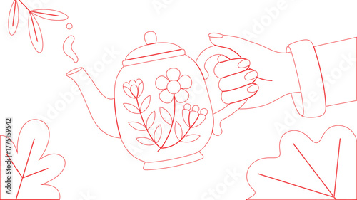 Red Outline Hand Holding Tea Pot with Floral Design and Decorative Plants