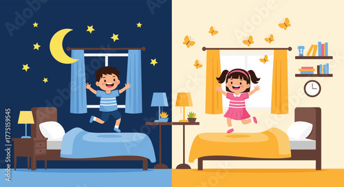 Split image of children enjoying playtime during the day and night in their bedrooms.