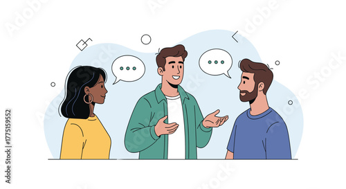 Three diverse people in a conversation with speech bubbles above their heads.