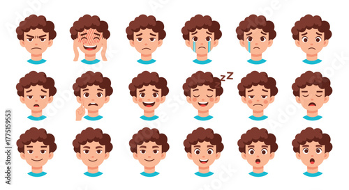 A collection of cartoon boy faces showing a variety of emotions and expressions.