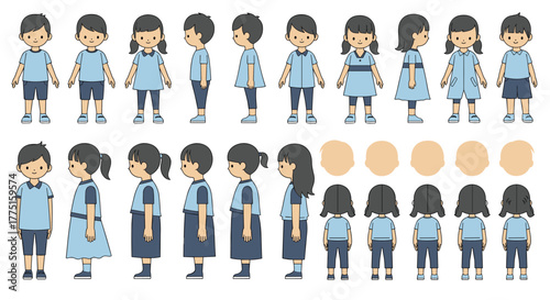 Collection of cartoon children characters in various poses and outfits, front, side, and back views.