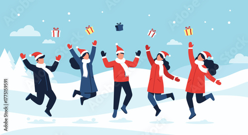 Five people in festive winter clothing jumping and throwing gifts in a snowy landscape.