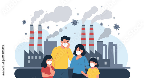 Family wearing masks in front of a factory emitting smoke and virus particles.