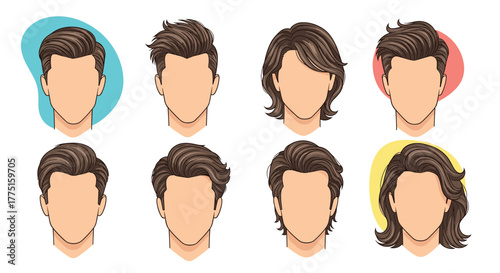 A collection of diverse male hairstyles shown on faceless avatars against colorful backgrounds.