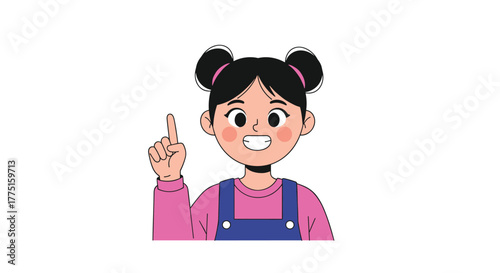 Cartoon girl with black hair in buns, wearing a pink shirt and blue overalls, pointing her index finger up.