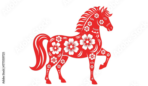 Traditional red chinese paper-cut horse silhouette adorned with white floral patterns, symbolizing good fortune and prosperity for the lunar new year celebration