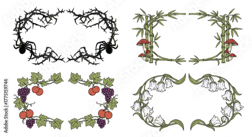 Collection of four decorative illustrated frames: thorny branches with spiders, bamboo with mushrooms, grapevines with tomatoes, and lily of the valley flowers.