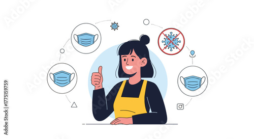 Person giving a thumbs up, surrounded by icons related to masks and preventing coronavirus.