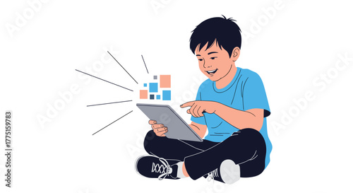Young boy happily plays on a digital tablet with colorful blocks appearing from the screen.