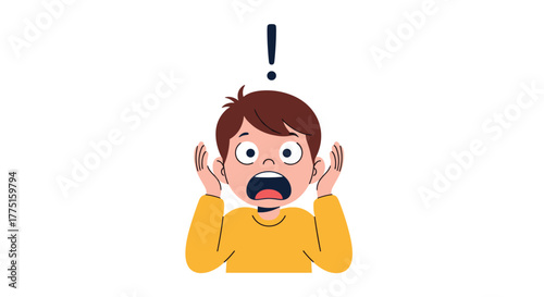 Scared boy with hands on his cheeks and an exclamation mark above his head.