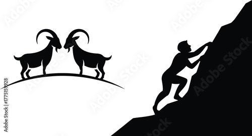 Two Goats on a Hill, Person Climbing a Mountain Black Silhouette on White Background