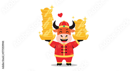 Cute cartoon ox in traditional Chinese clothing holding stacks of gold ingots and coins.