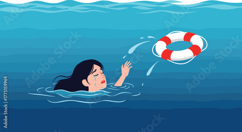 A distressed woman cries for help as she struggles in the water, reaching for a life preserver floating nearby.