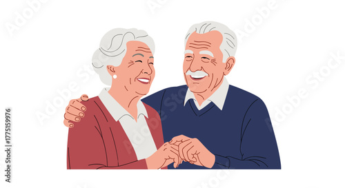 Happy elderly couple holding hands and smiling affectionately at each other.