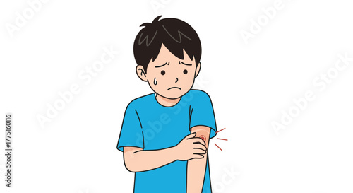 Young boy with a sore on his arm, looking concerned and sweating.