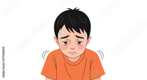 An illustration of a sad, sweaty boy with dark hair and puffy eyes wearing an orange shirt.