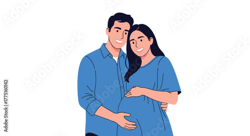 A smiling pregnant woman and her partner embrace, celebrating their impending parenthood with joy.