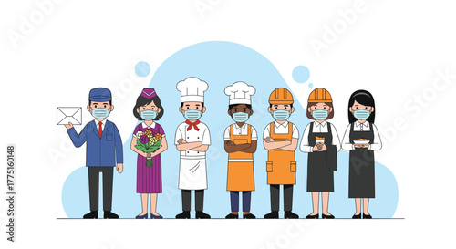 Diverse group of essential workers in uniform wearing face masks stand together.