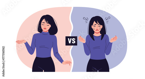 Illustration of two women, one looking calm and composed, the other distressed and crying.