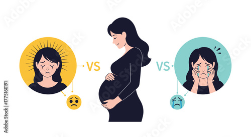 Pregnant woman symbolizing emotional contrast between feeling good and bad , the joy and the anxiety.