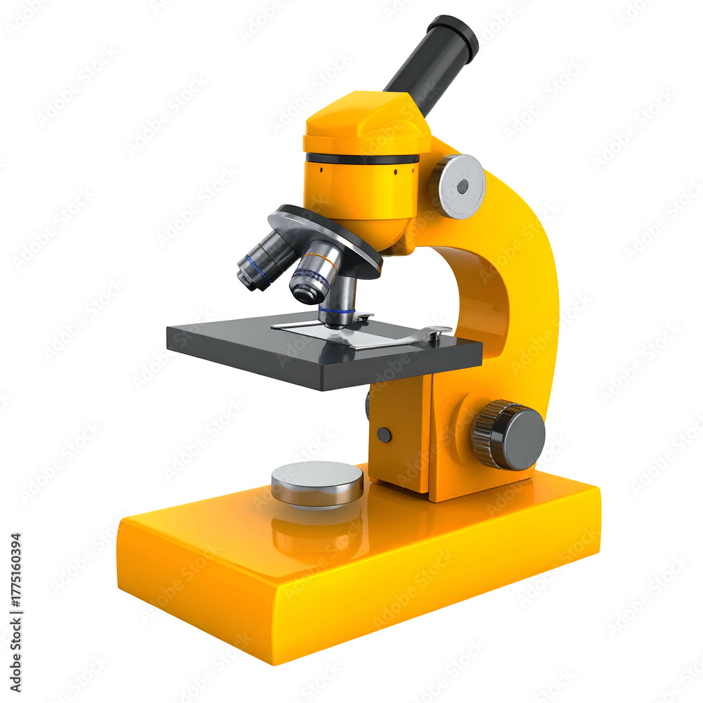 Fototapeta premium A brightly colored yellow microscope isolated on a black background, 3D rendered
