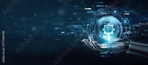 Fototapeta Naklejka Na Ścianę i Meble -  Manager hand holding globe with network connecting data project management solution. Planning, scheduling, resource allocation, performance tracking, teamwork coordination, and strategic execution.