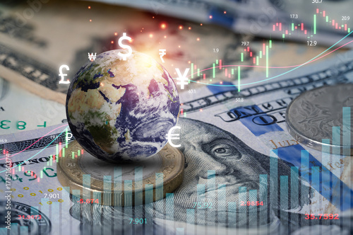 Global finance concept showing world economy and foreign exchange market with currency symbols dollar euro yen and pound on money background representing international trade and investment growth.