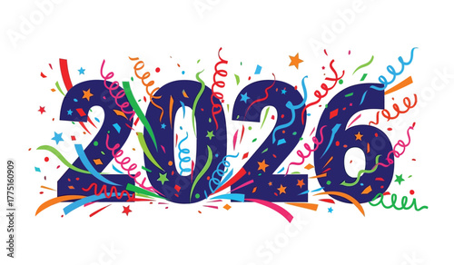 Bold, vibrant blue numbers representing the year 2026, adorned with colorful confetti and streamers, creating a festive and celebratory atmosphere for new year's eve and other special occasions.