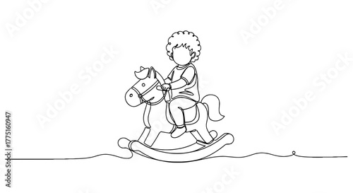 Joyful Toddler Riding Rocking Horse Toy - Continuous Line Art Illustration, Childlike Wonder and Imagination, Minimalist Design for Children's Education and Development Projects, Playroom Decor, Infan