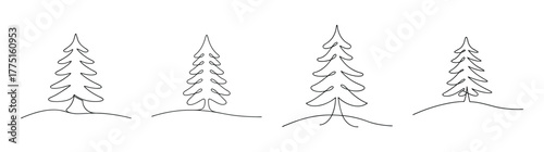 Collection of four detailed outline douglas fir trees with branches and snow on the ground