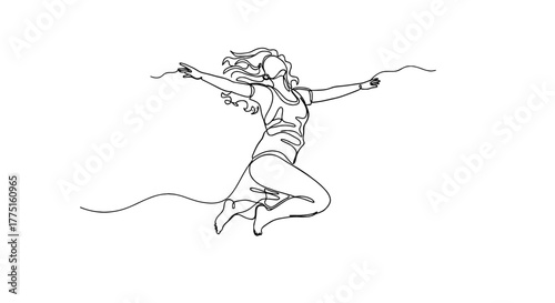 Single Line Drawing of a Joyful Woman Jumping for Happiness with Arms Outstretched Against Abstract Shapes, Illustrating Freedom and Wellness for Healthcare Marketing and Lifestyle Presentation (minim