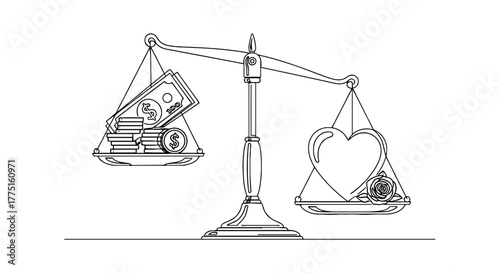 Balancing Values: Love Versus Money on Weighing Scale Illustration,  Symbolizing Priorities, Choices, and Financial Decisions,  Depicting Tradeoffs in Relationships and Finance with Modern Line Art St