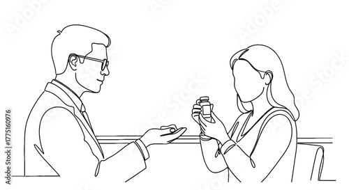 Medical Consultation: Doctor Prescribing Medication to Patient in Clinic - Modern Healthcare Scene Depicting Advice, Treatment, and Well-being.  Line Art Illustration for Presentations, Website Design